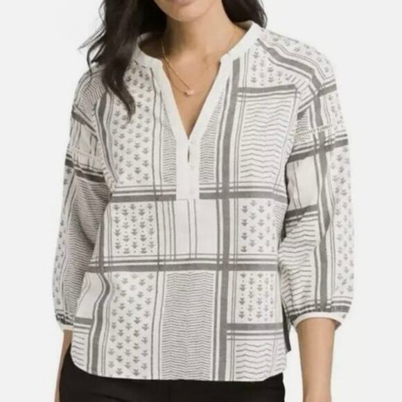 PrAna Elena Organic Cotton Geometric Plaid Aztec Tribal Blouse Top Size Medium - Picture 1 of 10